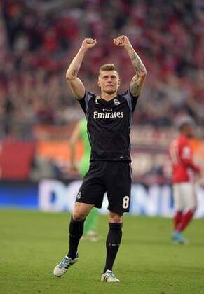 12.04.2017, Fussball Champions-League 2016 2017, Viertelfinale Hinspiel, FC Bayern München - Real Madrid, in der Allianz-Arena München. Schlussjubel Toni Kroos (Real Madrid). 