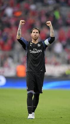 12.04.2017, Fussball Champions-League 2016 2017, Viertelfinale Hinspiel, FC Bayern München - Real Madrid, in der Allianz-Arena München. Schlussjubel Sergio Ramos (Real Madrid). 