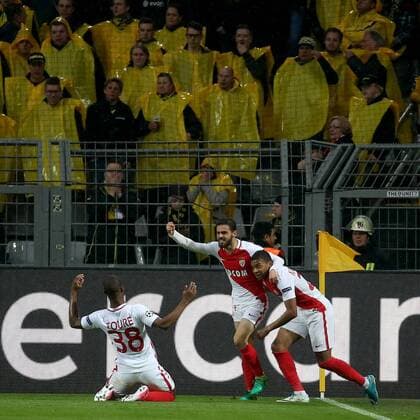 Bernardo Silva ( AS Monaco 10 ) Almamy Toure ( AS Monaco 38 ) Kylian Mbappe Lottion ( AS Monaco 29 ) nach dem 0:1, Borussia Dortmund vs AS Monaco, UEFA Champions League, Viertelfinale, Nachholspiel Fussball, 12.04.2017, Dortmund Copyright: xLangerx xEibner-Pressefotox EP_HLR