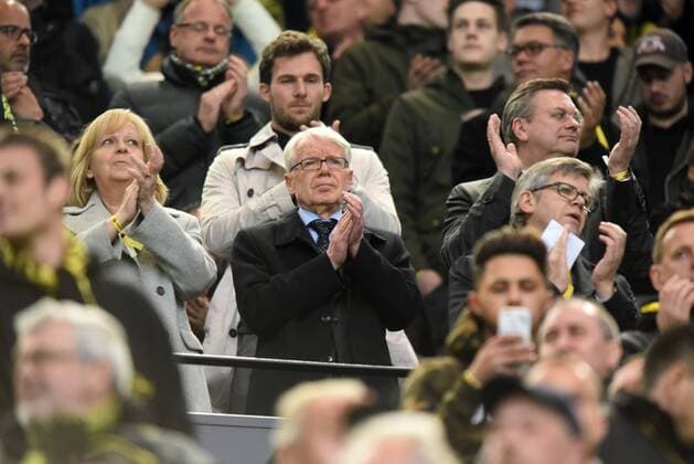 Championsleague Viertelfinale: Borussia Dortmund - AS Monaco 12.04.2017. Ministerpräsidentin Hannelore Kraft, BvB-Präsident Reinhard Rauball (Mitte) und DFB-Präsident Reinhrad Grindel (re. oben) auf der Tribüne. HM