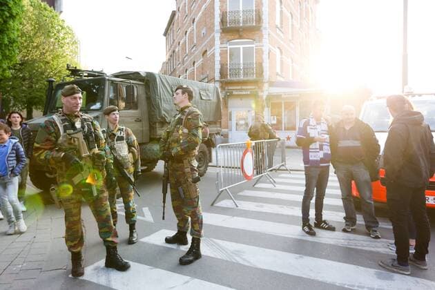 Members of the armed forces stand guard before the Europa League Quarter Final 1st leg match at RSCA Constant Vanden Stock Stadium, Anderlecht, Belgium. Picture date: April 13th, 2017.Pic credit should read: Charlie Forgham-Bailey Sportimage EDITORIAL USE ONLY. No use with unauthorised audio, video, data, fixture lists, club league logos or live services. Online in-match use limited to 120 images, no video emulation. No use in betting, games or single club league player publications.