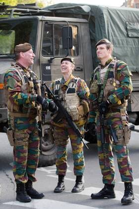 Members of the armed forces stand guard before the Europa League Quarter Final 1st leg match at RSCA Constant Vanden Stock Stadium, Anderlecht, Belgium. Picture date: April 13th, 2017.Pic credit should read: Charlie Forgham-Bailey Sportimage EDITORIAL USE ONLY. No use with unauthorised audio, video, data, fixture lists, club league logos or live services. Online in-match use limited to 120 images, no video emulation. No use in betting, games or single club league player publications.