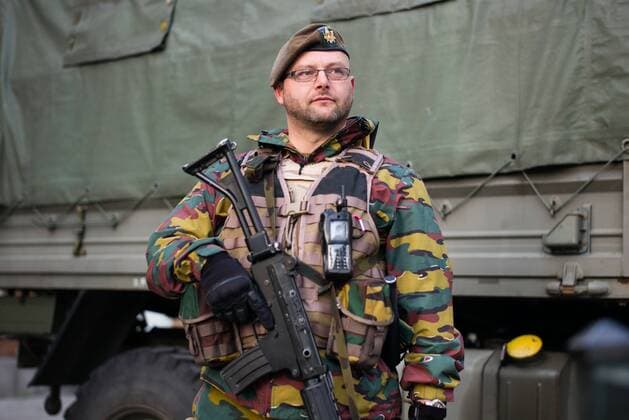 Members of the armed forces stand guard before the Europa League Quarter Final 1st leg match at RSCA Constant Vanden Stock Stadium, Anderlecht, Belgium. Picture date: April 13th, 2017.Pic credit should read: Charlie Forgham-Bailey Sportimage EDITORIAL USE ONLY. No use with unauthorised audio, video, data, fixture lists, club league logos or live services. Online in-match use limited to 120 images, no video emulation. No use in betting, games or single club league player publications.
