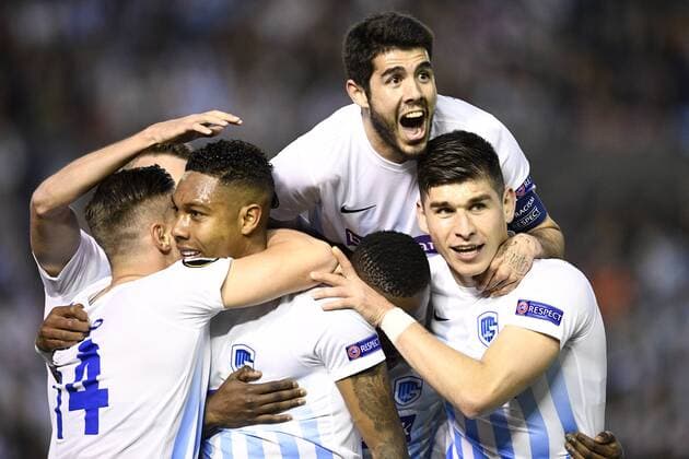 Genk s Jean-Paul Boetius, Genk s Alejandro Pozuelo and Genk s Ruslan Malinovsky celebrate after Boetius scored during a soccer game between Spanish club Real Club Celta de Vigo and Belgian team KRC Genk, Thursday 13 April 2017, in Vigo, Spain, the first leg of the quarter finals of the Europa League competition. YORICKxJANSENS  x05081076x
