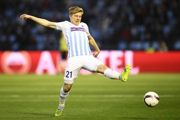 Genk s Jere Uronen pictured in action during a soccer game between Spanish club Real Club Celta de Vigo and Belgian team KRC Genk, Thursday 13 April 2017, in Vigo, Spain, the first leg of the quarter finals of the Europa League competition. YORICKxJANSENS  x05081090x