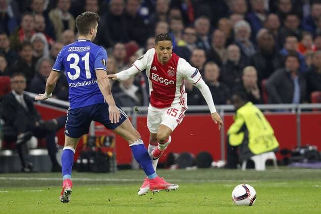 (L-R) Matija Nastasic of FC Schalke 04, Justin Kluivert of Ajaxduring the UEFA Europa League quarter final match between Ajax Amsterdam and FC Schalke 04 at the Amsterdam Arena on April 13, 2017 in Amsterdam, The Netherlands Ajax v FC Schalke 04 UEFA Europa League 2016 2017 xVIxxIVx 7562660