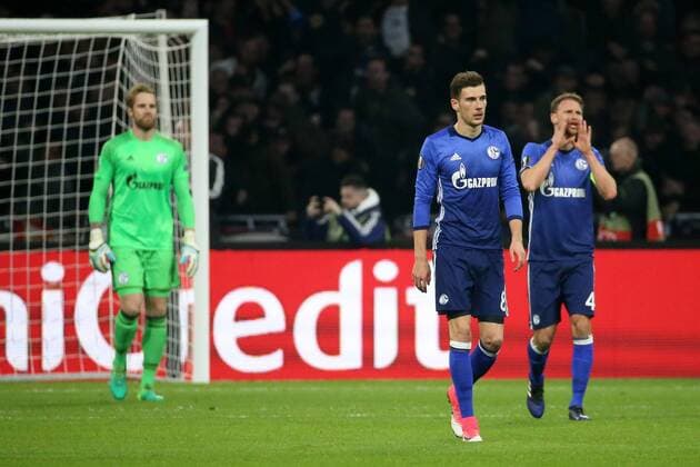 Ralf Faehrmann ( FC Schalke 04 1) Leon Goretzka ( FC Schalke 04 8) Benedikt Hoewedes ( FC Schalke 04 4) nach dem 1:0, Ajax Amsterdam vs FC Schalke 04, UEFA Europa League, Viertelfinale, Fussball, 13.04.2017, Amsterdam Copyright: xLangerx xEibner-Pressefotox EP_HLR