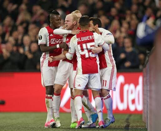13.04.2017, Fussball UEFA Europa League 2016 2017, Viertelfinale, Ajax Amsterdam - FC Schalke 04, in der Amsterdam Arena. Jubel Ajax zum Tor zum 1:0 per Foulelfmeter 