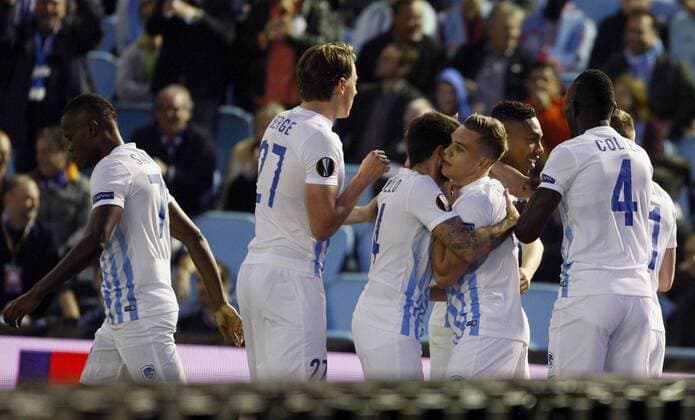 KRC Genk s players celebrate a goal against Celta de Vigo during the UEFA Europa League, quarter final, first leg soccer match between Celta de Vigo and KRC Genk at the Balaidos stadium in Vigo, Spain, 13 April 2017. CELTA DE VIGO - KRC GENK !ACHTUNG: NUR REDAKTIONELLE NUTZUNG!  Copyright: xSalvadorxSasx GRA218 20170413-636277184487869727