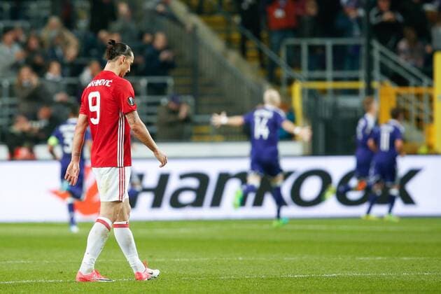 Manchester s Zlatan Ibrahimovic looks dejected during a soccer game between Belgian team RSC Anderlecht and English club Manchester United ManU F.C. in Brussels, Thursday 13 April 2017, the first leg of the quarter finals of the Europa League competition. BRUNOxFAHY  x05081272x