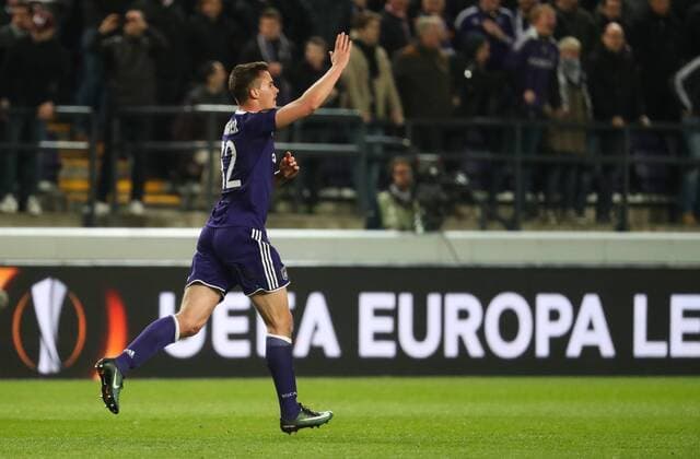 Anderlecht s Leander Dendoncker celebrates after scoring during a soccer game between Belgian team RSC Anderlecht and English club Manchester United ManU F.C. in Brussels, Thursday 13 April 2017, the first leg of the quarter finals of the Europa League competition. VIRGINIExLEFOUR  x05081274x