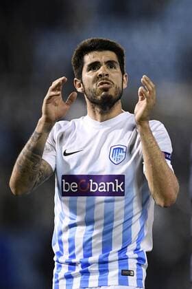 Genk s Alejandro Pozuelo celebrates after a soccer game between Spanish club Real Club Celta de Vigo and Belgian team KRC Genk, Thursday 13 April 2017, in Vigo, Spain, the first leg of the quarter finals of the Europa League competition. YORICKxJANSENS  x05081296x