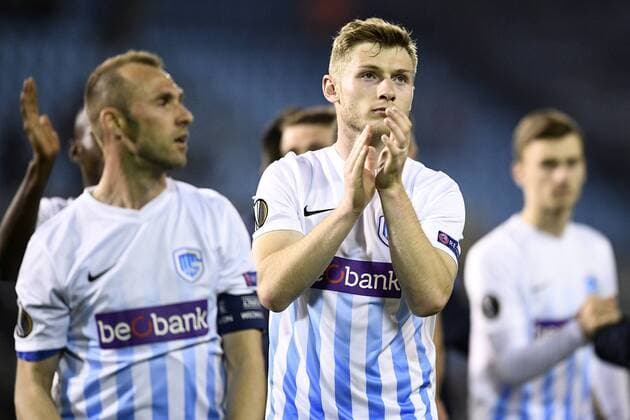 Genk s Jakub Brabec celebrates after a soccer game between Spanish club Real Club Celta de Vigo and Belgian team KRC Genk, Thursday 13 April 2017, in Vigo, Spain, the first leg of the quarter finals of the Europa League competition. YORICKxJANSENS  x05081297x