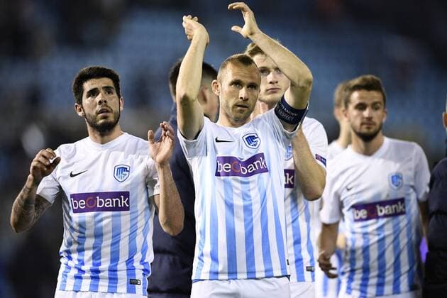Genk s Thomas Buffel celebrates after a soccer game between Spanish club Real Club Celta de Vigo and Belgian team KRC Genk, Thursday 13 April 2017, in Vigo, Spain, the first leg of the quarter finals of the Europa League competition. YORICKxJANSENS  x05081298x
