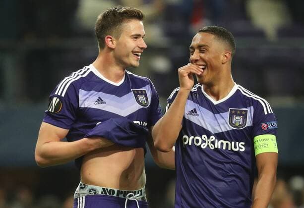 Anderlecht s Youri Tielemans and Anderlecht s Leander Dendoncker celebrate after a soccer game between Belgian team RSC Anderlecht and English club Manchester United ManU F.C. in Brussels, Thursday 13 April 2017, the first leg of the quarter finals of the Europa League competition. VIRGINIExLEFOUR  x05081311x