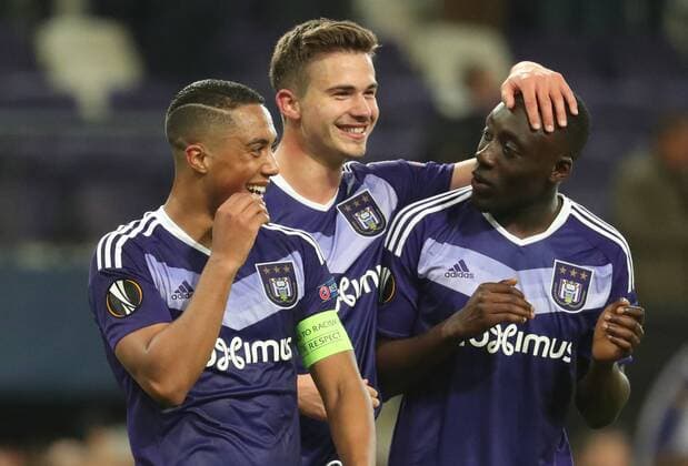 Anderlecht s Youri Tielemans, Anderlecht s Leander Dendoncker and Anderlecht s Dennis Appiah celebrate after a soccer game between Belgian team RSC Anderlecht and English club Manchester United ManU F.C. in Brussels, Thursday 13 April 2017, the first leg of the quarter finals of the Europa League competition. VIRGINIExLEFOUR  x05081314x