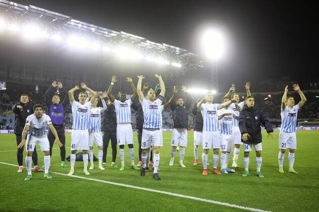 Genk s players celebrate after a soccer game between Spanish club Real Club Celta de Vigo and Belgian team KRC Genk, Thursday 13 April 2017, in Vigo, Spain, the first leg of the quarter finals of the Europa League competition. YORICKxJANSENS  x05081321x