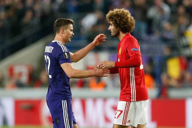 Anderlecht s Leander Dendoncker and Manchester s Marouane Fellaini pictured after a soccer game between Belgian team RSC Anderlecht and English club Manchester United ManU F.C. in Brussels, Thursday 13 April 2017, the first leg of the quarter finals of the Europa League competition. BRUNOxFAHY  x05081322x