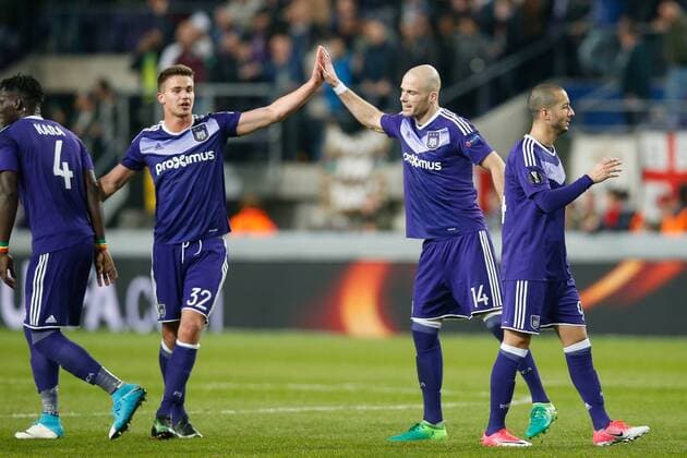 Anderlecht s players celebrate after a soccer game between Belgian team RSC Anderlecht and English club Manchester United ManU F.C. in Brussels, Thursday 13 April 2017, the first leg of the quarter finals of the Europa League competition. BRUNOxFAHY  x05081337x