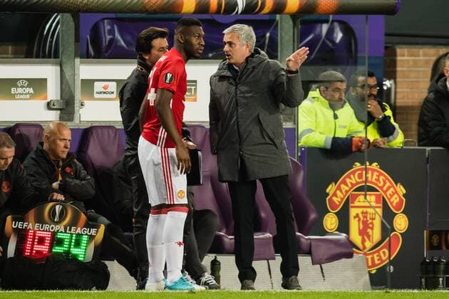 coach Jose Mourinho of Manchester United ManU give instructions to Timothy Fosu-Mensah of Manchester Unitedduring the UEFA Europa League quarter final match between RSC Anderlecht and Manchester United on April 13, 2017 at Constant Vanden Stock Stadium in Brussels, Belgium. RSC Anderlecht v Manchester United UEFA Europa League 2016 2017 xVIxGerritxvanxKeulenxIVx 7563600