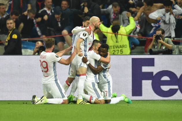 Joie de Lucas Tousart - Nabil Fekir - Christophe Jallet - Jeremy Morel - Maxell Cornet (lyon) FOOTBALL : Lyon vs Besiktas - Ligue Europa - 1 4e de finale - 13 04 2017 FredericChambert Panoramic 