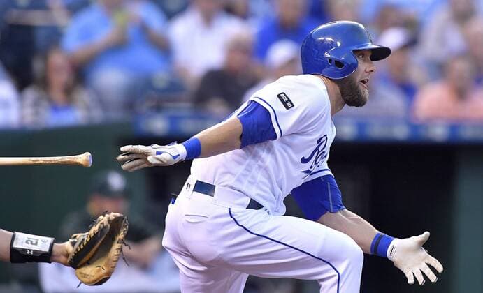 April 13, 2017 - Kansas City, MO, USA - The Kansas City Royals Alex Gordon follows through on a single in the first inning against the Oakland Athletics at Kauffman Stadium in Kansas City, Mo., on Thursday, April 13, 2017. Oakland at Kansas City - ZUMAm67_ 20170413_zaf_m67_031 Copyright: xJohnxSleezerx