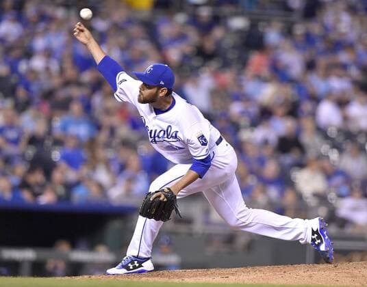 April 13, 2017 - Kansas City, MO, USA - Kansas City Royals relief pitcher Joakim Soria throws in the eighth inning against the Oakland Athletics at Kauffman Stadium in Kansas City, Mo., on Thursday, April 13, 2017. The Royals won, 3-1. Oakland at Kansas City - ZUMAm67_ 20170413_zaf_m67_066 Copyright: xJohnxSleezerx