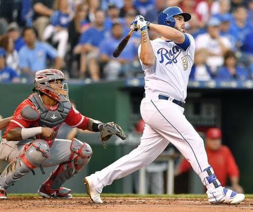 April 14, 2017 - Kansas City, MO, USA - The Kansas City Royals Mike Moustakas follows through on a two-run home run in the first inning against the Los Angeles Angels at Kauffman Stadium in Kansas City, Mo., on Friday, April 14, 2017. Anaheim at Kansas City - ZUMAm67_ 20170414_zaf_m67_017 Copyright: xJohnxSleezerx