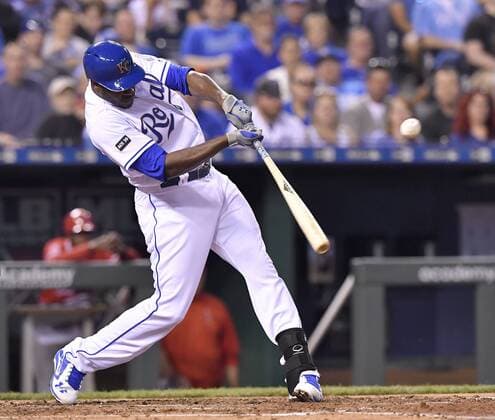 April 14, 2017 - Kansas City, MO, USA - The Kansas City Royals Lorenzo Cain connects on a double in the third inning against the Los Angeles Angels at Kauffman Stadium in Kansas City, Mo., on Friday, April 14, 2017. Anaheim at Kansas City - ZUMAm67_ 20170414_zaf_m67_020 Copyright: xJohnxSleezerx