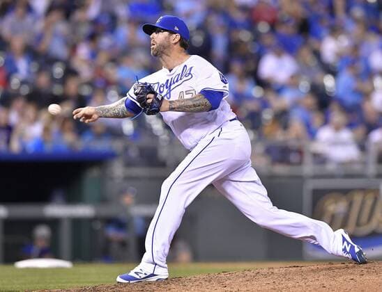 April 14, 2017 - Kansas City, MO, USA - Kansas City Royals relief pitcher Peter Moylan throws in the eighth inning against the Los Angeles Angels at Kauffman Stadium in Kansas City, Mo., on Friday, April 14, 2017. Anaheim at Kansas City - ZUMAm67_ 20170414_zaf_m67_043 Copyright: xJohnxSleezerx
