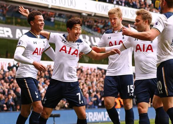 April 15th 2017, White Hart Lane, Tottenham, London England; EPL Premier league football , Tottenham Hotspur versus AFC Bournemouth; Heung-Min Son of Tottenham celebrates with Dele, Alli, Eric Dier and Christian Eriksen, 2-0 Tottenham xMarkxKertonx  ActionPlus11867916