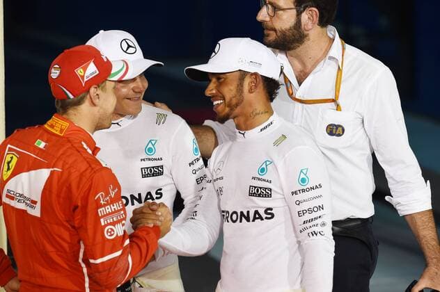 Sebastian Vettel, Valtteri Bottas, Lewis Hamitlon, Grosser Preis von Bahrain 2017, Motorsport, Formel 1, 15.04.2017, Sachir Copyright: xAndre Eibner-Pressefotox EP_JAE