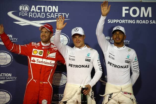 Bahrain Grand Prix, Sakhir 13 - 16 April 2017 15.04.2017 - Qualifying, 3rd place Sebastian Vettel (GER) Scuderia Ferrari SF70H, Valtteri Bottas (FIN) Mercedes AMG F1 W08 pole position and 2nd place Lewis Hamilton (GBR) Mercedes AMG F1 W08 