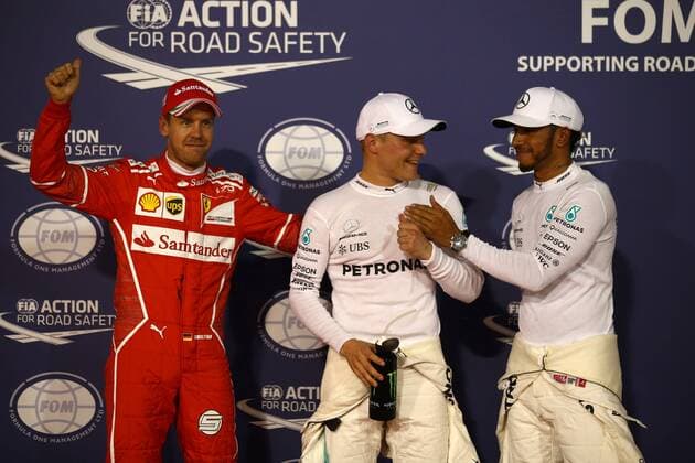 Bahrain Grand Prix, Sakhir 13 - 16 April 2017 15.04.2017 - Qualifying, 3rd place Sebastian Vettel (GER) Scuderia Ferrari SF70H, Valtteri Bottas (FIN) Mercedes AMG F1 W08 pole position and 2nd place Lewis Hamilton (GBR) Mercedes AMG F1 W08 