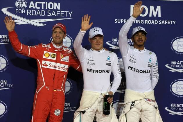 Bahrain Grand Prix, Sakhir 13 - 16 April 2017 15.04.2017 - Qualifying, 3rd place Sebastian Vettel (GER) Scuderia Ferrari SF70H, Valtteri Bottas (FIN) Mercedes AMG F1 W08 pole position and 2nd place Lewis Hamilton (GBR) Mercedes AMG F1 W08 