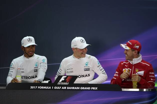 Bahrain Grand Prix, Sakhir 13 - 16 April 2017 15.04.2017 - Qualifying, press conference PK Pressekonferenz Lewis Hamilton (GBR) Mercedes AMG F1 W08, Valtteri Bottas (FIN) Mercedes AMG F1 W08 and Sebastian Vettel (GER) Scuderia Ferrari SF70H 