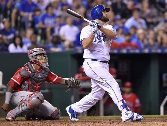 April 15, 2017 - Kansas City, MO, USA - The Kansas City Royals Mike Moustakas follows through on a solo home run in the eighth inning against the Los Angeles Angels at Kauffman Stadium in Kansas City, Mo., on Saturday, April 15, 2017. LA Angels at Kansas City - ZUMAm67_ 20170415_zaf_m67_067 Copyright: xJohnxSleezerx