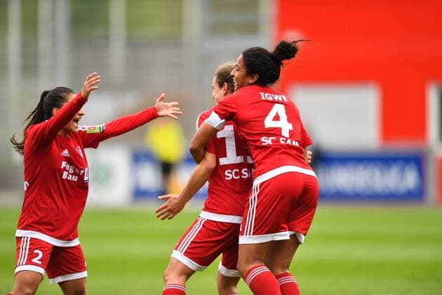 Jubel, Freuen, celebrate, happy, cheer , Goal Celebration SC Sand 0:2 Leticia Santos (SC Sand) (2) mit Torschützin Nina Burger (SC Sand) (19) - Chioma Igwe (SC Sand) (4) hält sie von hinten, DFB Pokal - Halbfinale , Bayer 04 Leverkusen - SC Sand, xmkx