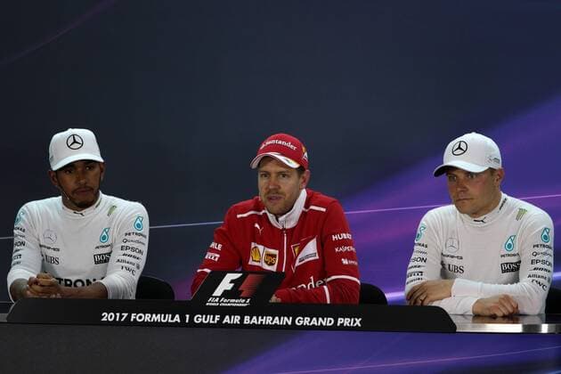 Bahrain Grand Prix, Sakhir 13 - 16 April 2017 16.04.2017 - Race, press conference PK Pressekonferenz Lewis Hamilton (GBR) Mercedes AMG F1 W08, Sebastian Vettel (GER) Scuderia Ferrari SF70H and Valtteri Bottas (FIN) Mercedes AMG F1 W08 
