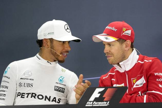 Bahrain Grand Prix, Sakhir 13 - 16 April 2017 16.04.2017 - Race, press conference PK Pressekonferenz Lewis Hamilton (GBR) Mercedes AMG F1 W08 and Sebastian Vettel (GER) Scuderia Ferrari SF70H 