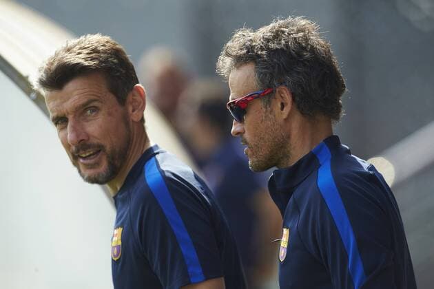 FC Barcelona Barca s head coach Luis Enrique Martinez (R) and his assistant coach, Juan Carlos Unzue, arrive for a training session held at the team s Joan Gamper sports facilities in Barcelona, northeastern Spain, 18 April 2017. FC Barcelona will face Juventus in a UEFA Champions League quarter final second leg match on 19 April 2017 at the Nou Camp stadium. Training session of FC Barcelona !ACHTUNG: NUR REDAKTIONELLE NUTZUNG!  Copyright: xALEJANDROxGARCÍAx B06 20170418-636281197753099017