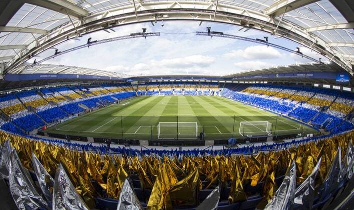 April 18th 2017, Leicester, England, UEFA Champions League football quarter-final, Leicester City versus Atletico Madrid; General view of the pitch and stands taken from the behind the goal in the stands xRolandxHarrisonx  ActionPlus11869539