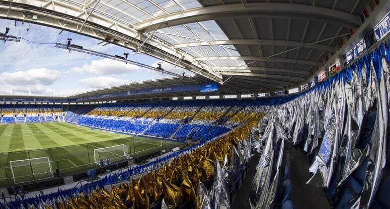 April 18th 2017, Leicester, England, UEFA Champions League football quarter-final, Leicester City versus Atletico Madrid; General view of the pitch and stands taken from behind the goal in the stands xRolandxHarrisonx  ActionPlus11869540