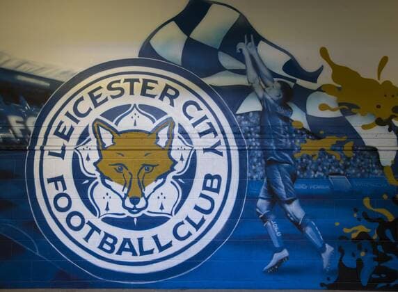 April 18th 2017, Leicester, England, UEFA Champions League football quarter-final, Leicester City versus Atletico Madrid; General view of a painted mural showing the Leicester City FC emblem inside the stadium stands xRolandxHarrisonx  ActionPlus11869545