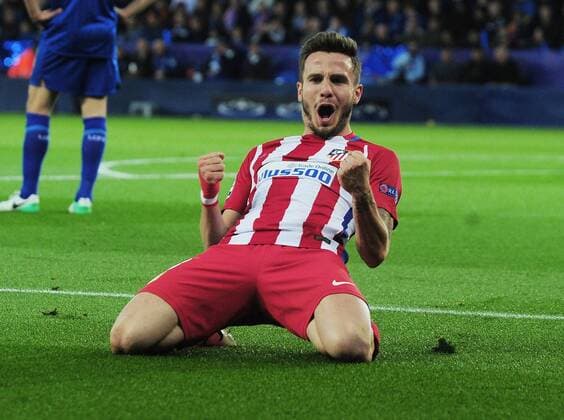 Football - 2016 2017 UEFA Champions League - Quarter-Final, Second Leg: Leicester City vs. Atletico Madrid Saul Niguez of Atletico Madrid celebrates scoring his first half goal at the King Power Stadium. COLORSPO RT ANDREW COWIE 
