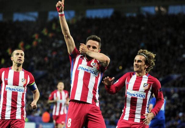 Football - 2016 2017 UEFA Champions League - Quarter-Final, Second Leg: Leicester City vs. Atletico Madrid Saul Niguez of Atletico Madrid celebrates scoring his first half goal withAntoine Griezmann at the King Power Stadium. COLORSPO RT ANDREW COWIE 
