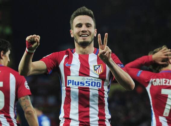 Football - 2016 2017 UEFA Champions League - Quarter-Final, Second Leg: Leicester City vs. Atletico Madrid Saul Niguez of Atletico Madrid celebrates scoring his first half goal at the King Power Stadium. COLORSPO RT ANDREW COWIE 