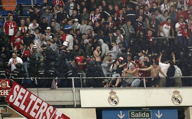 Soccer match between Real Madrid and Bayern Munich of the 2016 2017 Champions League quarter finals second leg, held at the Santiago Bernabeu stadium, in Madrid, April 18, 2017. (Photo: J. Luis Cuesta 261 Cordon Press). Riots between Bayern supporters and police.  xJosexLuisxCuestax xx