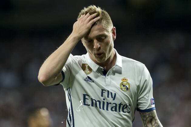 Toni Kroos of Real Madrid reacts during the match of Champions League between Real Madrid and FC Bayern Munchen at Santiago Bernabeu Stadium in Madrid, Spain. April 18, 2017.  (20170418038)