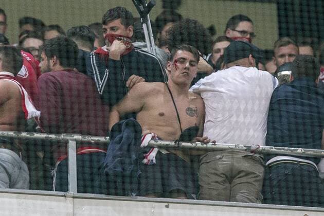 Supporters of FC Bayern Munchen and Spanish police created disturbs during the match of Champions League between Real Madrid and FC Bayern Munchen at Santiago Bernabeu Stadium in Madrid, Spain. April 18, 2017.  (20170418057)